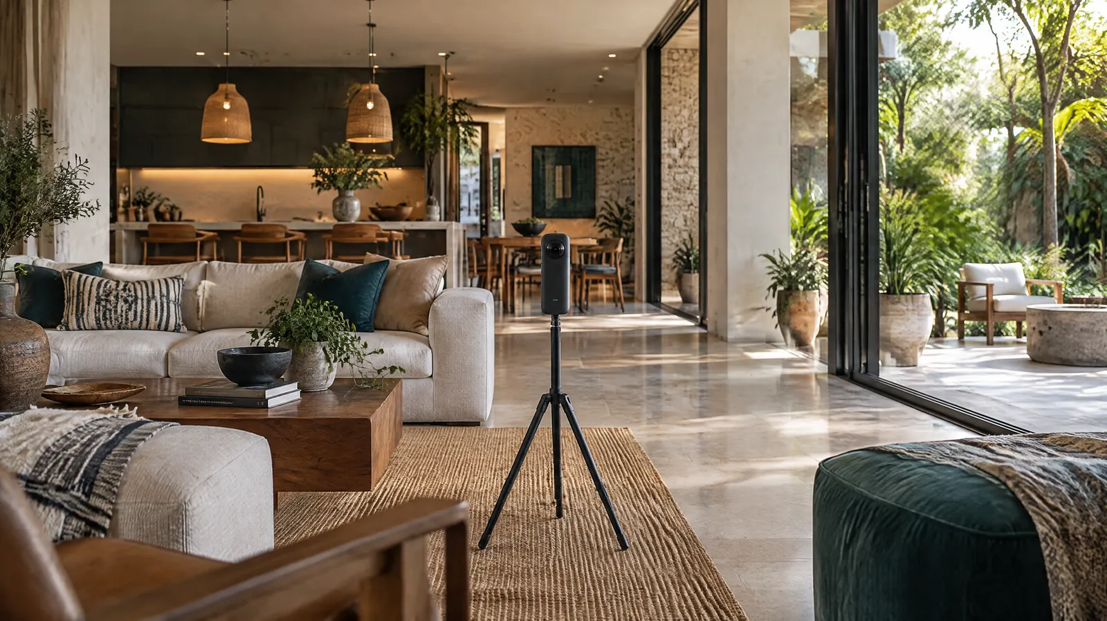 Una cámara 360 en medio de la sala de una casa luminosa