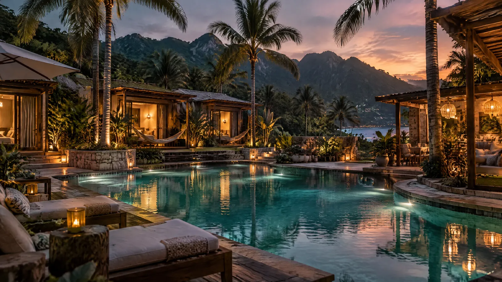 La alberca iluminada de un hotel boutique con sus cabañas al atardecer