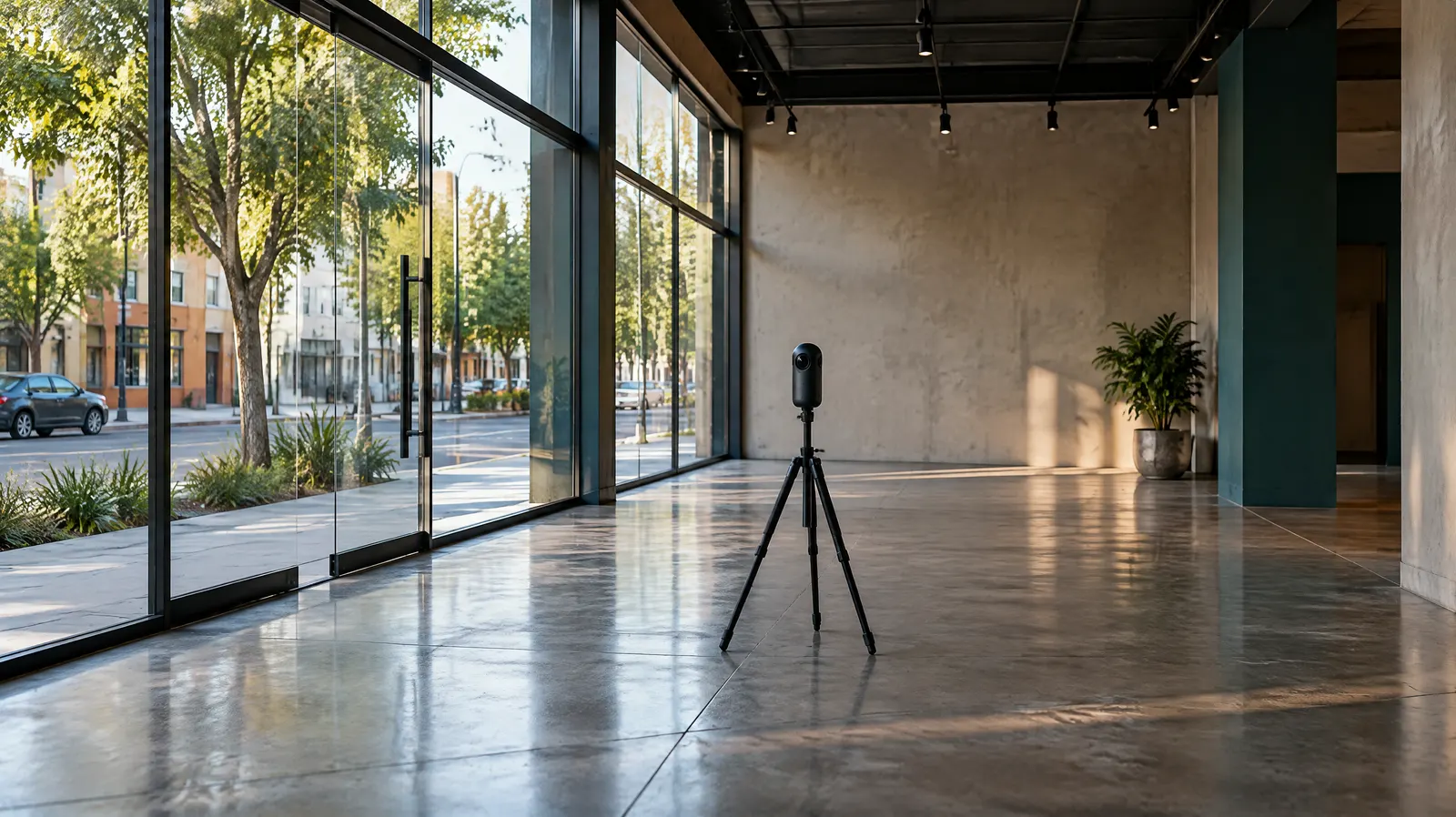 Un local comercial vacío con una cámara 360 en el centro
