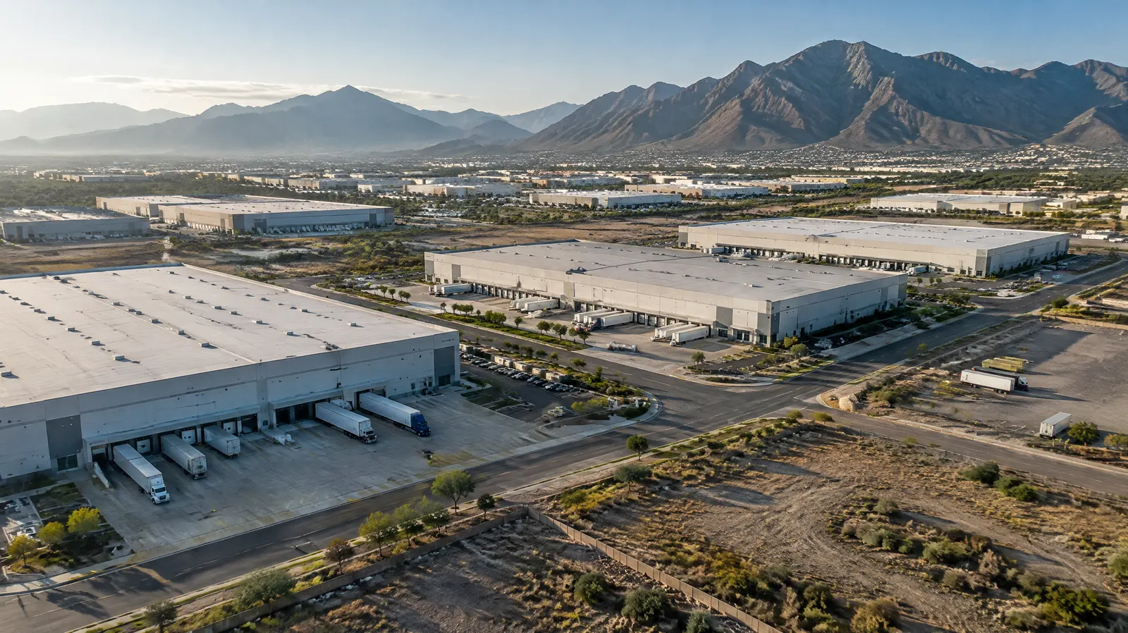 Vista aérea de un parque industrial con naves, andenes y terrenos disponibles