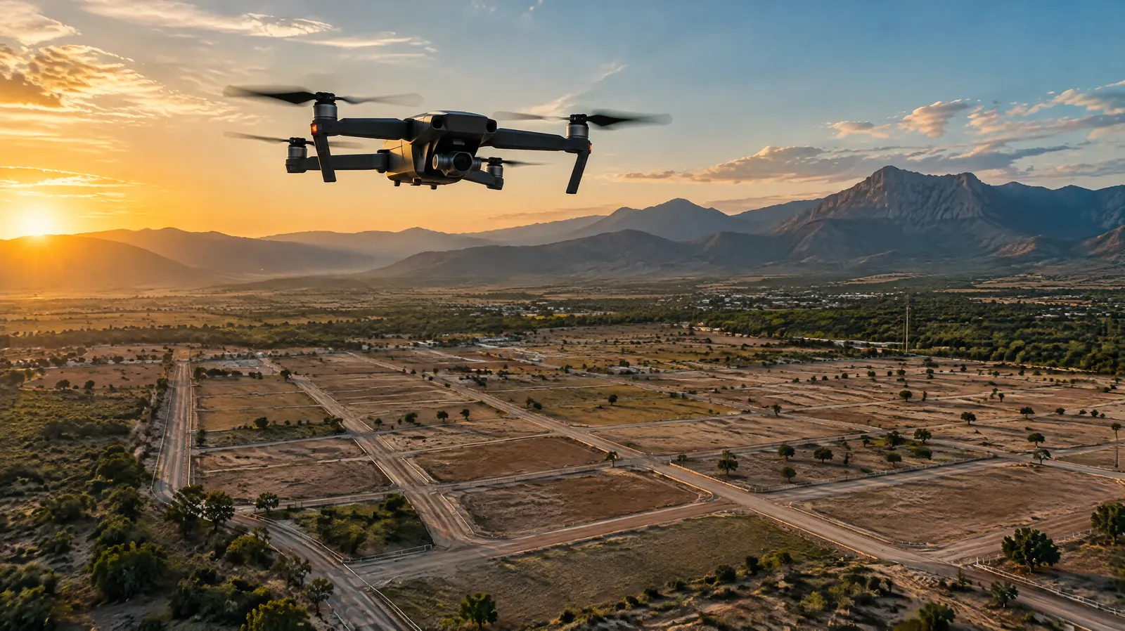 Un dron vuela alto sobre un fraccionamiento al atardecer