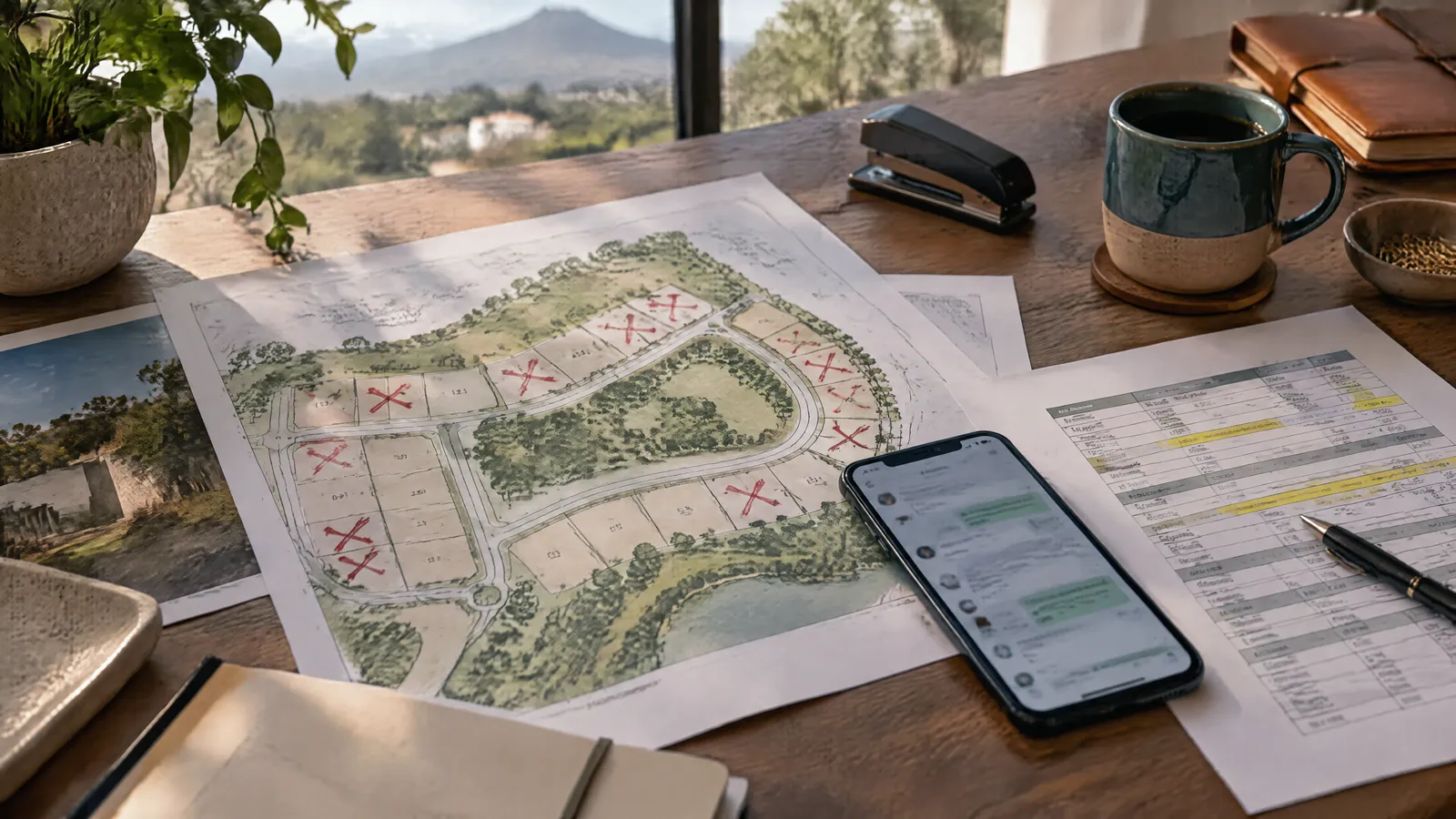 Un plano impreso con lotes tachados a mano, una hoja de cálculo y un celular con un chat largo