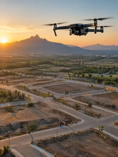 Un dron sobrevuela un desarrollo al amanecer