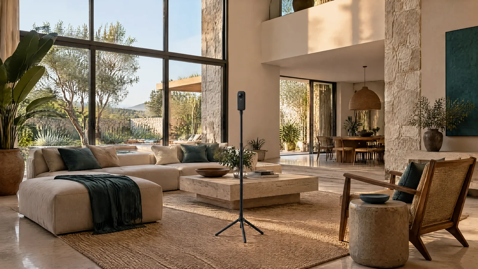 Una cámara 360 en medio de la sala de una casa luminosa